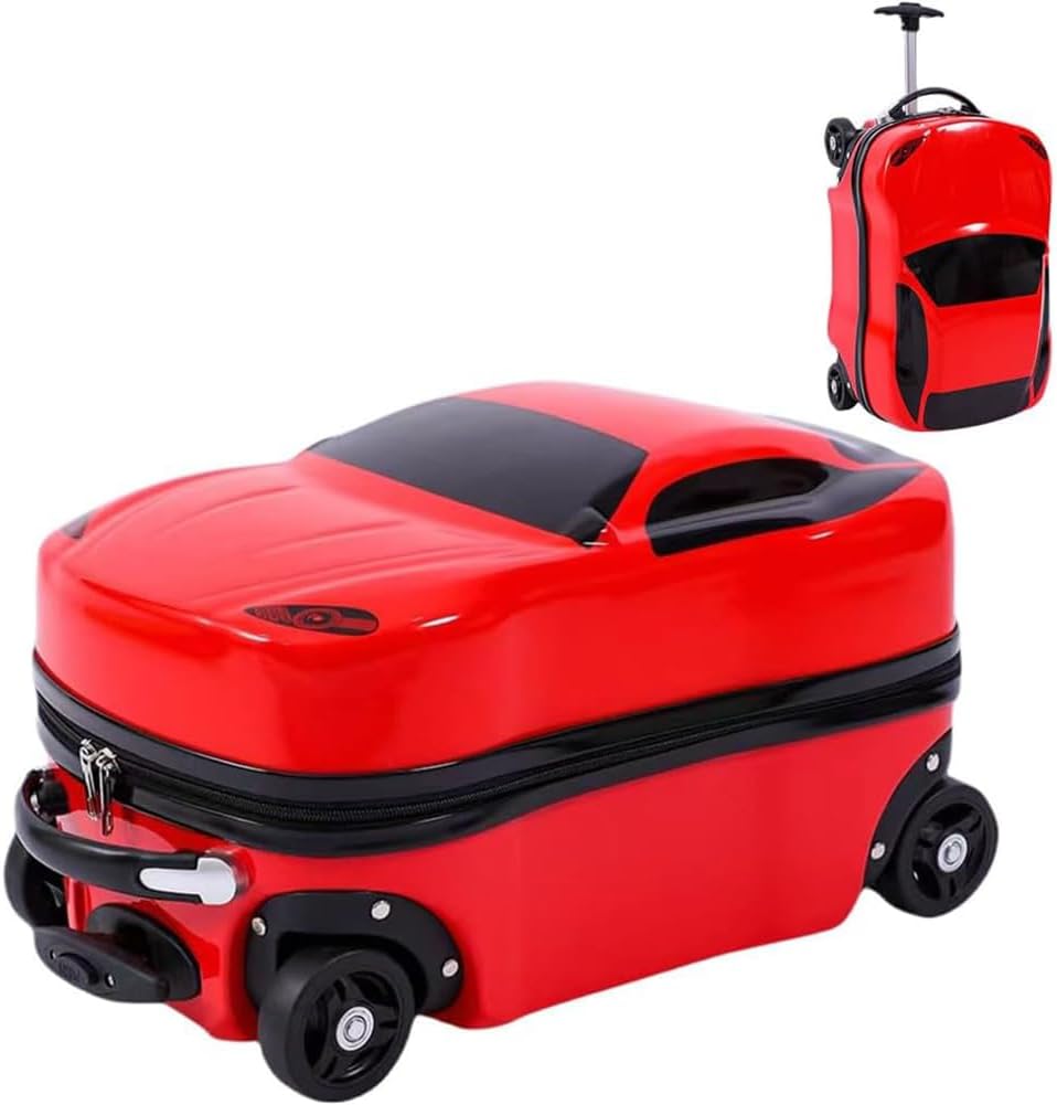 Adventure-ready 18-inch car suitcase for boys & girls. Pull-along wheeled kids luggage with retractable handle.