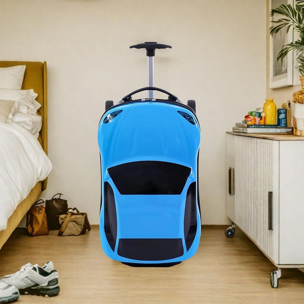Kids' 18-inch car travel bag. Pull-along wheeled suitcase with retractable handle, great for children's vacation gear.