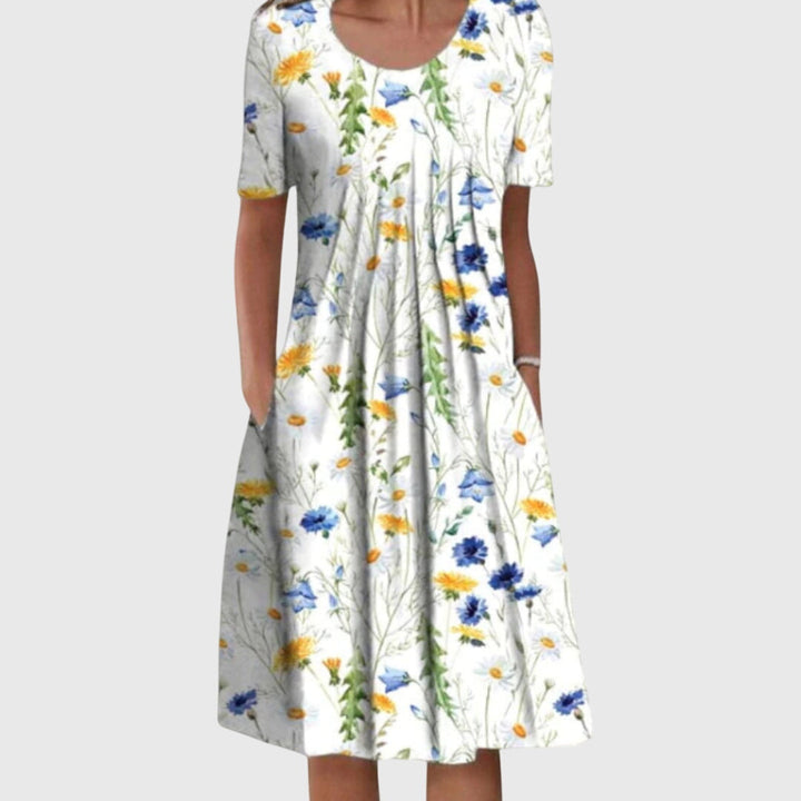 Vibrant red floral women's round neck dress, a comfortable and stylish choice for casual or occasion wear.