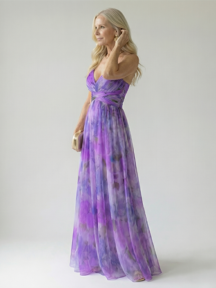 Soft fabric women's wrap maxi dress, sleeveless and flowy, ideal for comfortable summer wear.