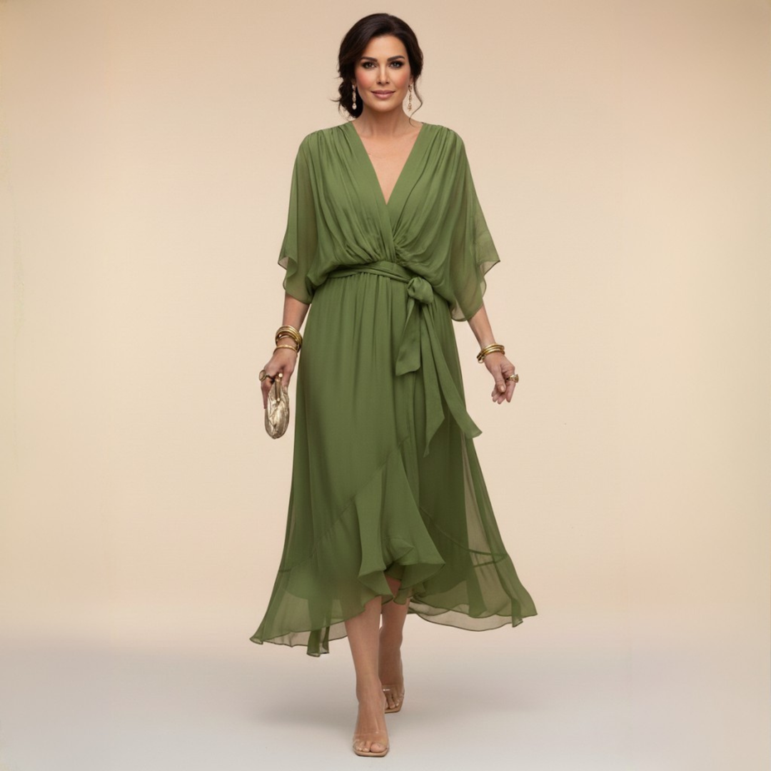 Elegant V-neck flowy sleeve midi dress for women, perfect for special occasions & parties.