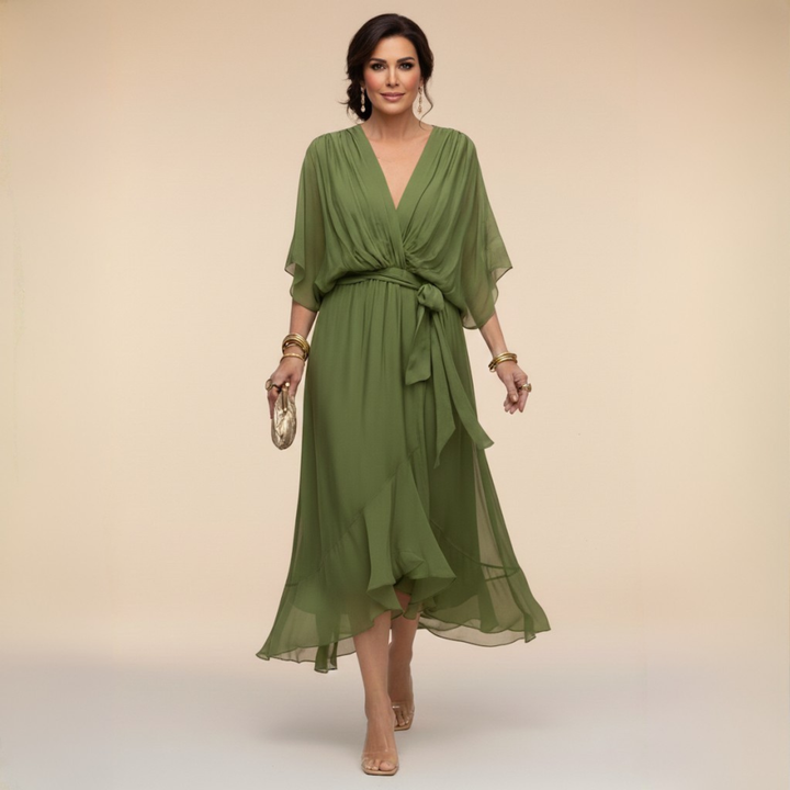 Elegant V-neck flowy sleeve midi dress for women, perfect for special occasions & parties.