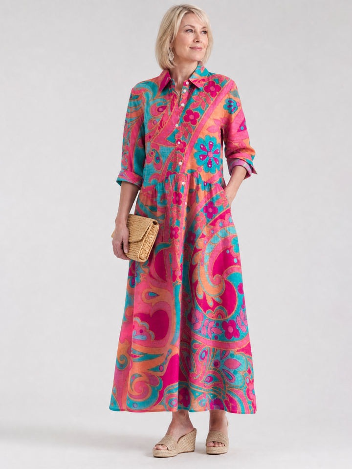 Women's printed midi dress with button front & collar. Relaxed fit, 3/4 sleeves, perfect for casual summer wear.