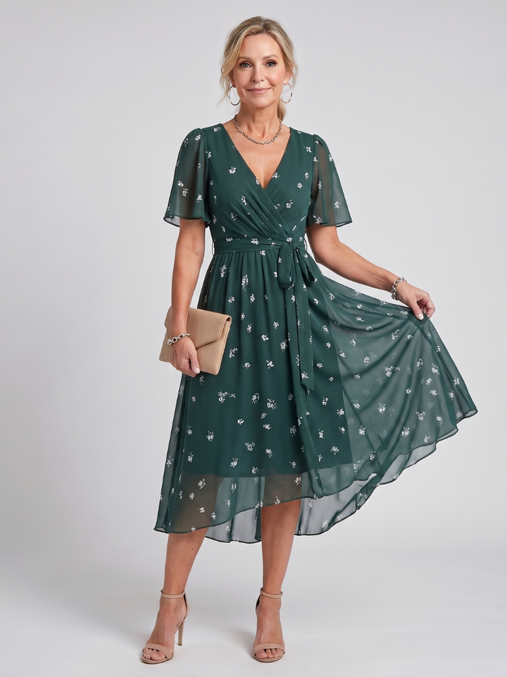 Women's floral print midi dress with elegant flutter sleeves & gathered waist. Perfect for spring/summer.