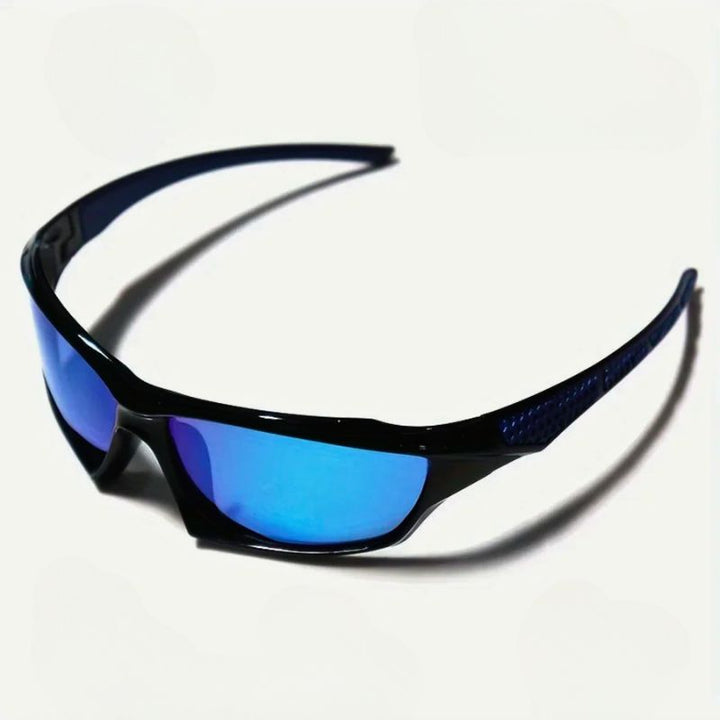 Protective unisex shield sunglasses with polarized lenses, ensuring clear vision & sun safety outdoors.