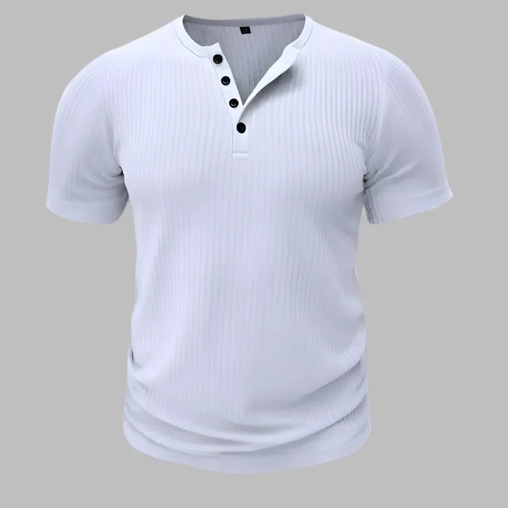 Men's muscle-fit Henley t-shirt, short sleeve, accentuating sculpted physique for athletic & casual style.