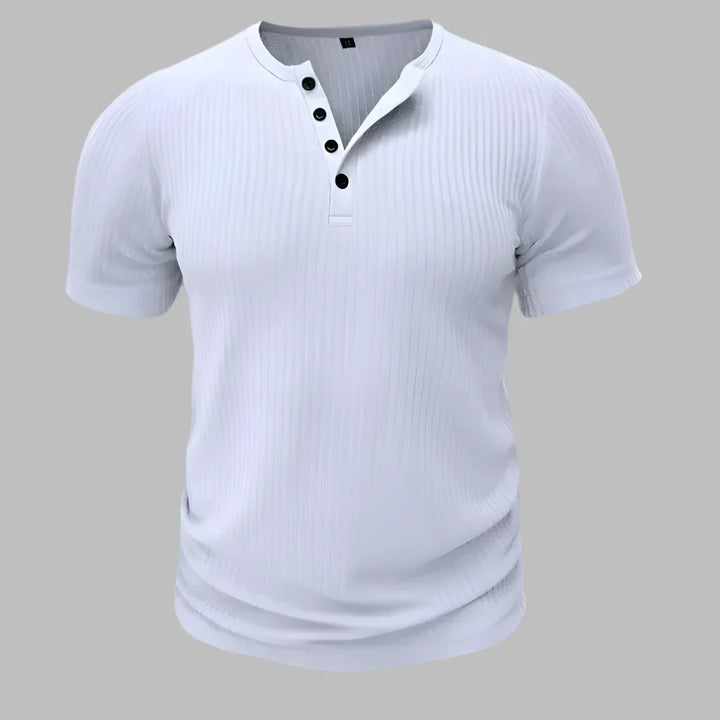 Men's muscle-fit Henley t-shirt, short sleeve, accentuating sculpted physique for athletic & casual style.