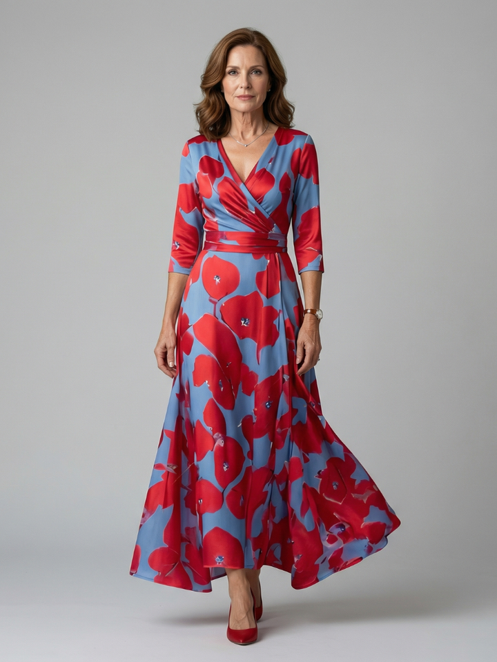 Elegant women's floral cross wrap midi dress, V-neck, flowing, perfect for spring/summer parties.