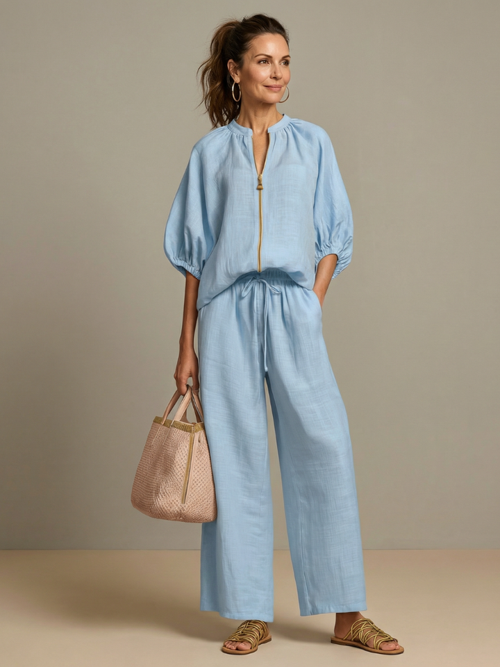 Women's zip front blouse & wide leg pant set. Comfortable, relaxed fit two-piece for spring/summer casual wear.