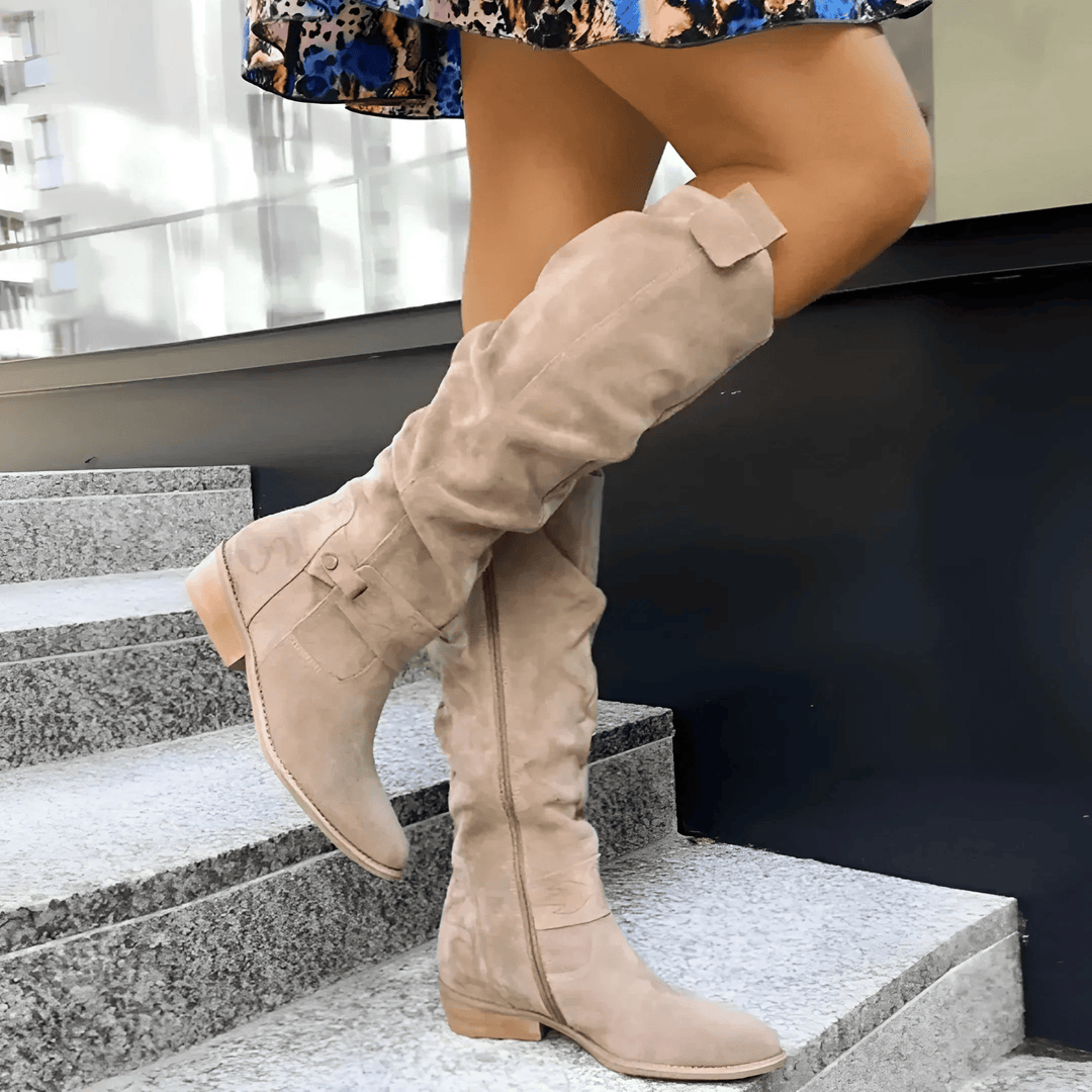 Elegant women's knee-high boots with sturdy block heel & chic strap detail, perfect for fall/winter fashion.