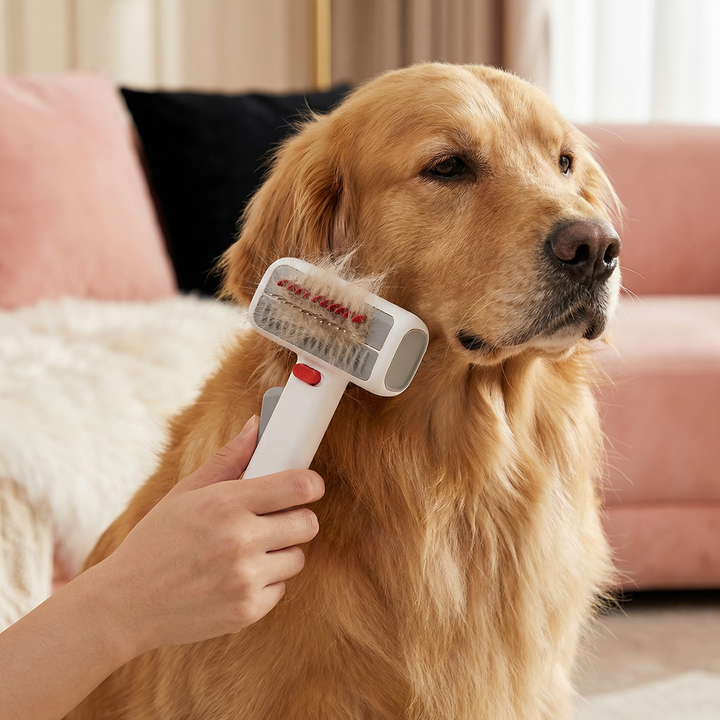 Effective deshedding brush for dogs & cats, removing loose fur & detangling undercoats for healthy pet care.