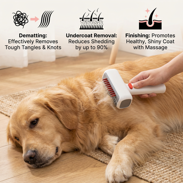 Gentle pet grooming brush for dogs & cats, 2-in-1 tool for deshedding, detangling & promoting healthy coats.