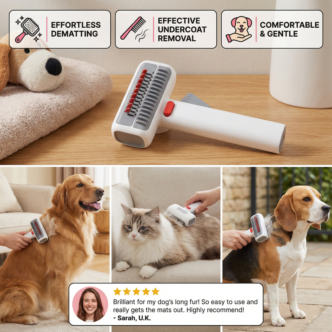 Dog & cat deshedding comb for long & short hair. 2-in-1 pet brush quickly removes loose fur & detangles coats.