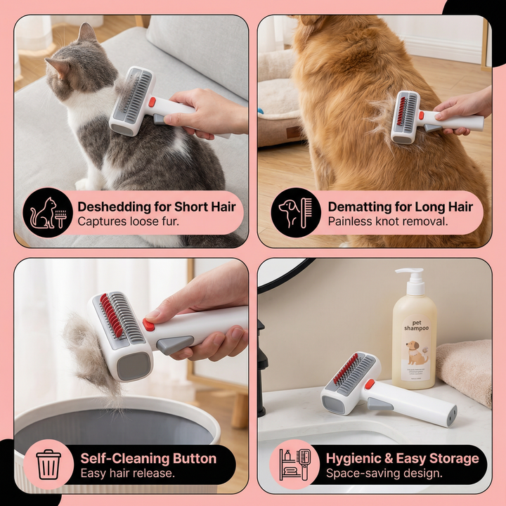 Versatile 2-in-1 pet brush for dogs & cats: grooming, deshedding, & detangling for a shiny, healthy coat.