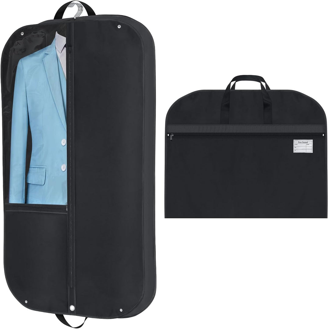 2-pack waterproof garment bags with gusset and pockets for suits, dresses. Ideal clothing storage & travel.