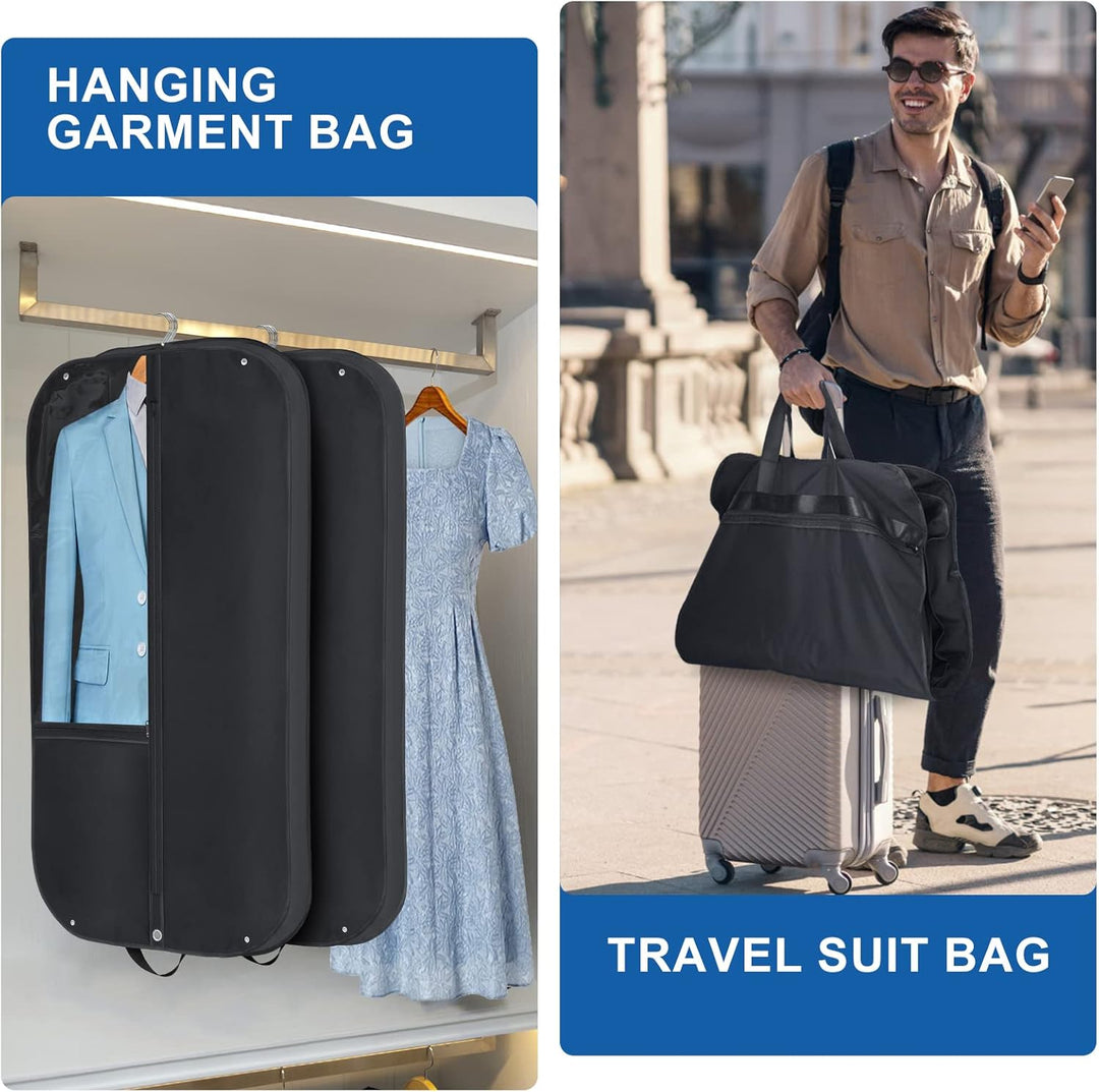 Waterproof garment bags for suits/dresses, featuring pockets for accessories. Perfect for business travel.
