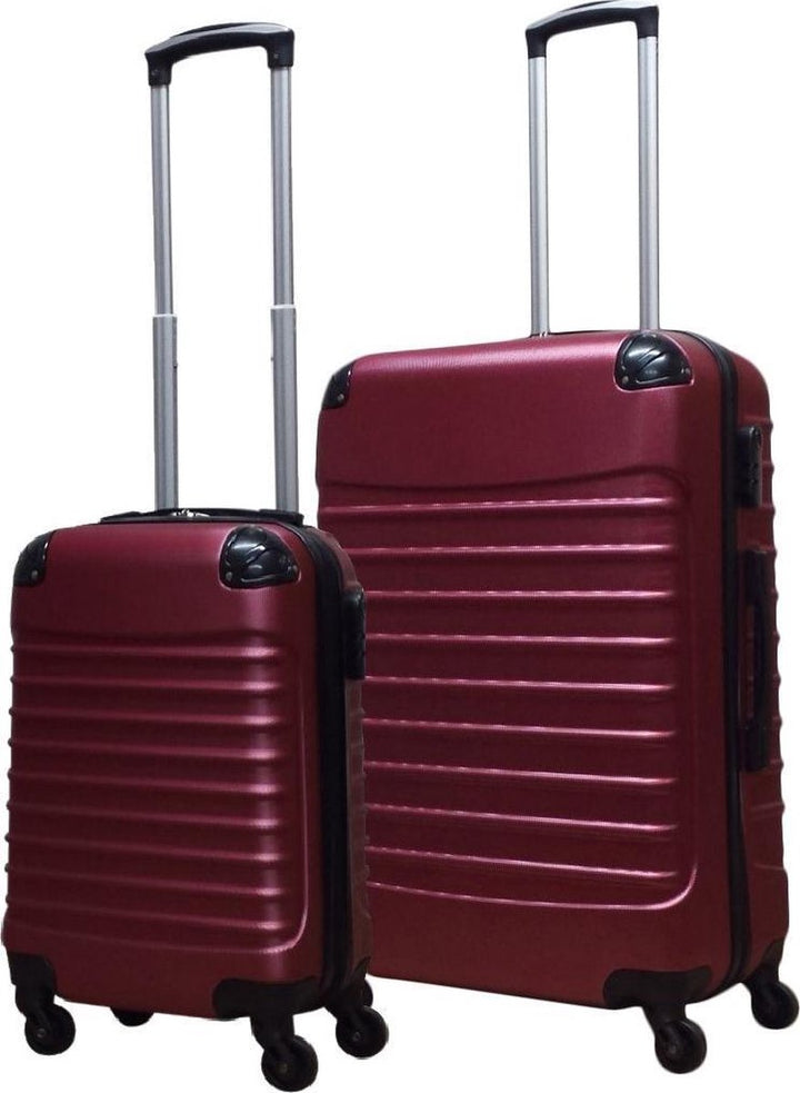 Burgundy hardshell luggage set, including a carry-on and checked suitcase for versatile, easy travel.