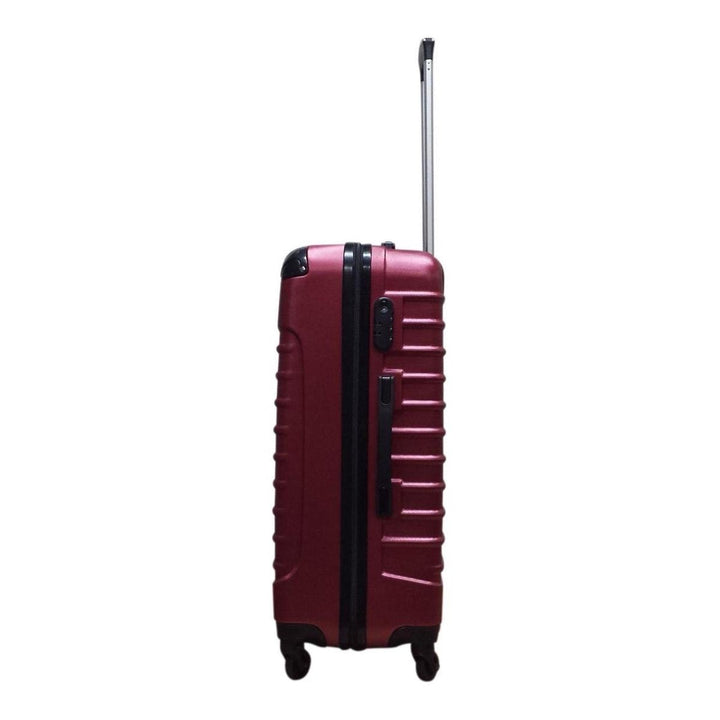 Smooth-rolling burgundy hardshell luggage set with multi-directional spinner wheels for effortless travel.