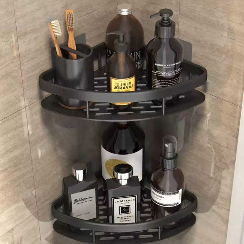 2-Tier rustproof wall-mounted shower organizer shelf in modern black, perfect for bathroom storage & home organization.