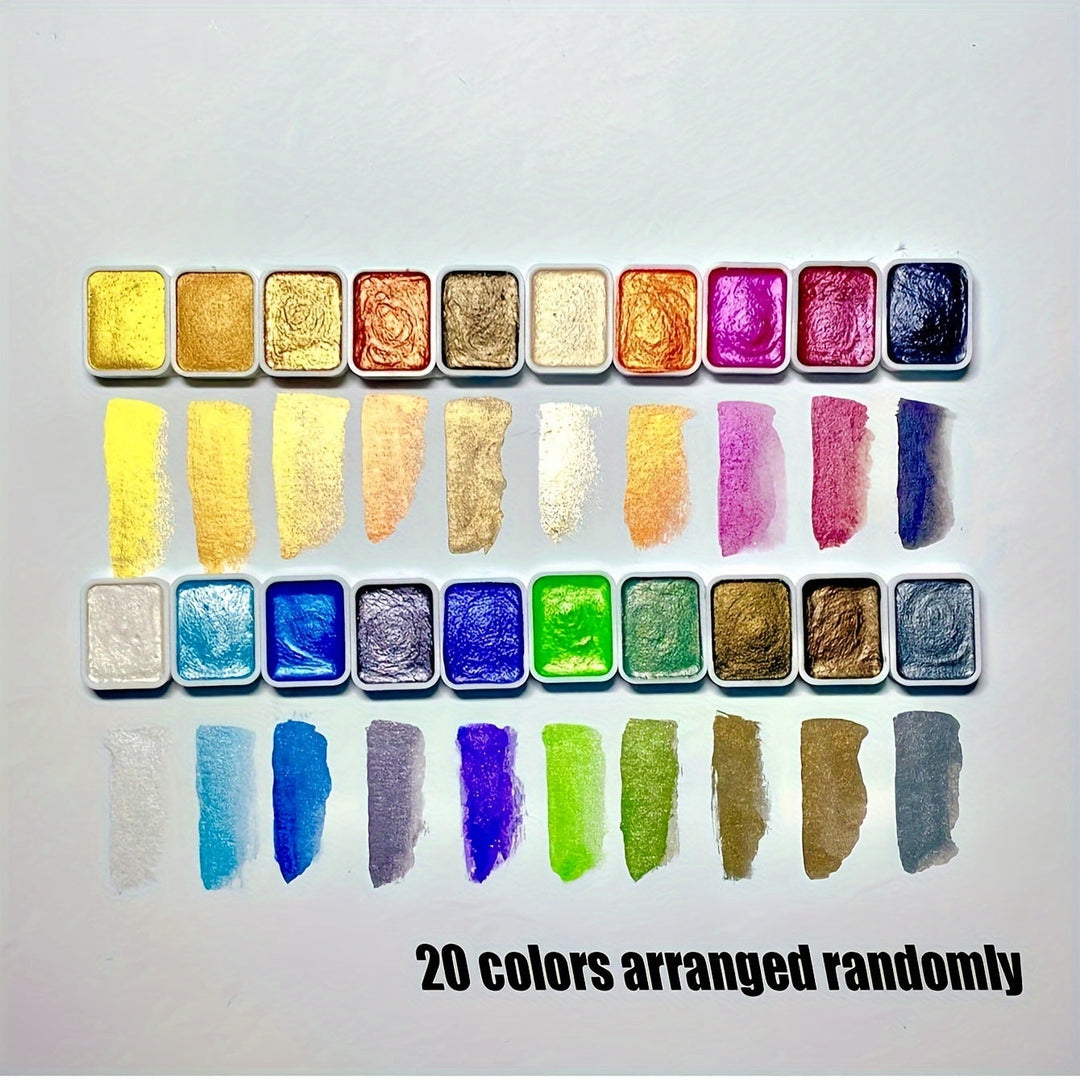 Professional 20-color pearl watercolor art set for artists, offering shimmering and vibrant solid pigments.