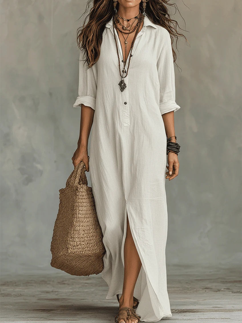 White flattering women's maxi dress, perfect for summer. Elegant & comfortable long dress for diverse events.