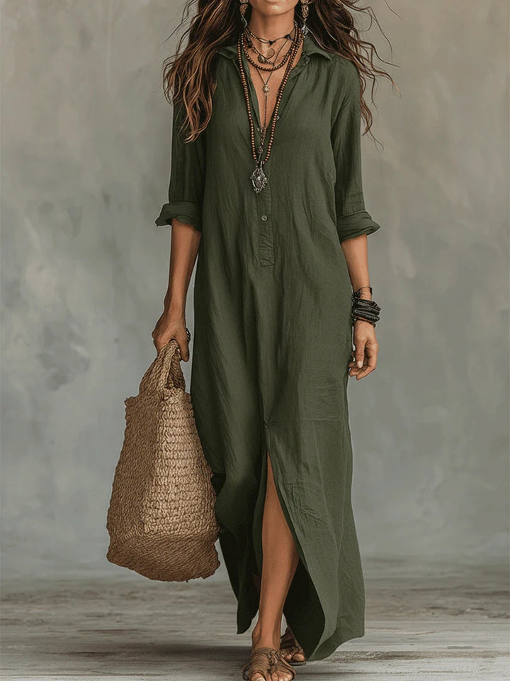 Green women's long maxi dress, flattering and comfortable. Versatile elegant dress for casual or special occasions.