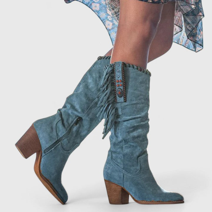 Comfortable women's fringe mid-calf boots with a fashionable block heel, ideal for stylish autumn and winter outfits.