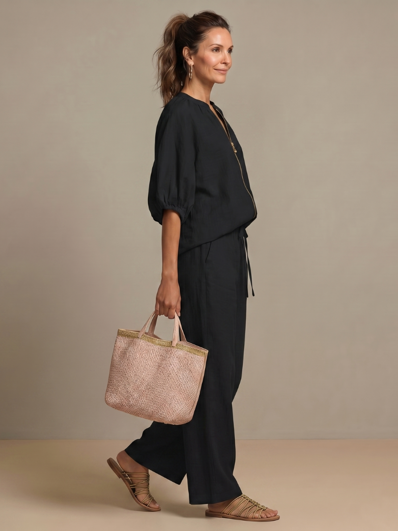 Women's spring wear: zip front blouse & wide leg pant set. Comfortable, versatile, and fashion-forward.