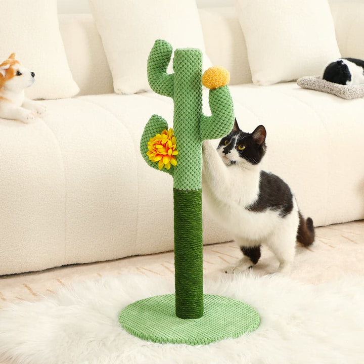 Green cat cactus scratching post with durable sisal rope for happy claws & feline enrichment.