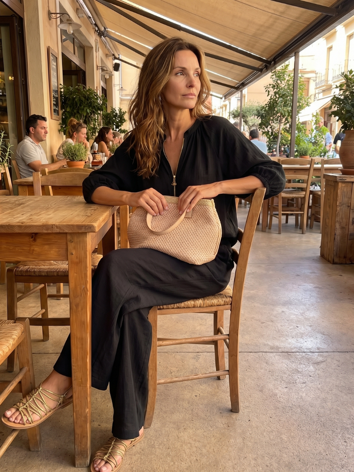 Women's casual two-piece: zip front blouse & wide leg pants. Stylish, comfortable, and perfect for spring.