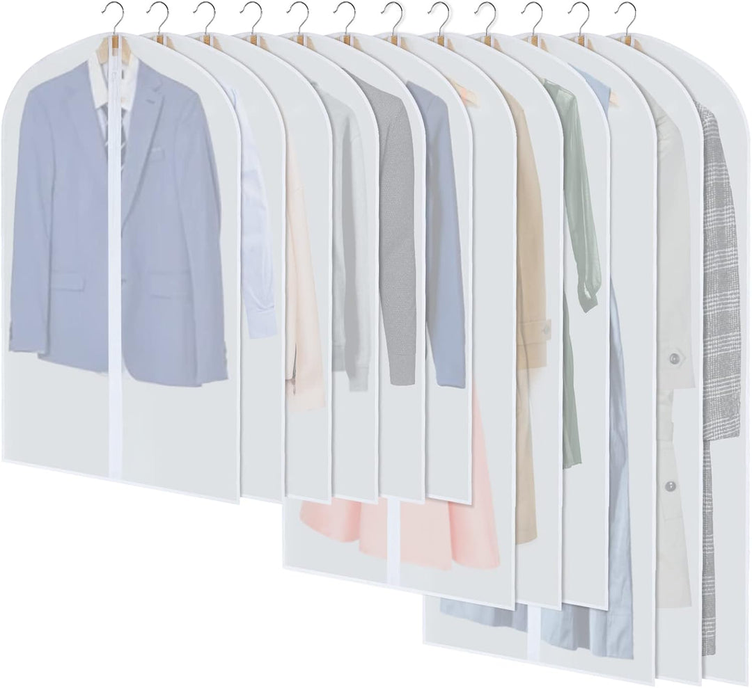 24-Pack PEVA garment covers protecting suits & dresses in a closet. Ideal for clothes protection & organization.