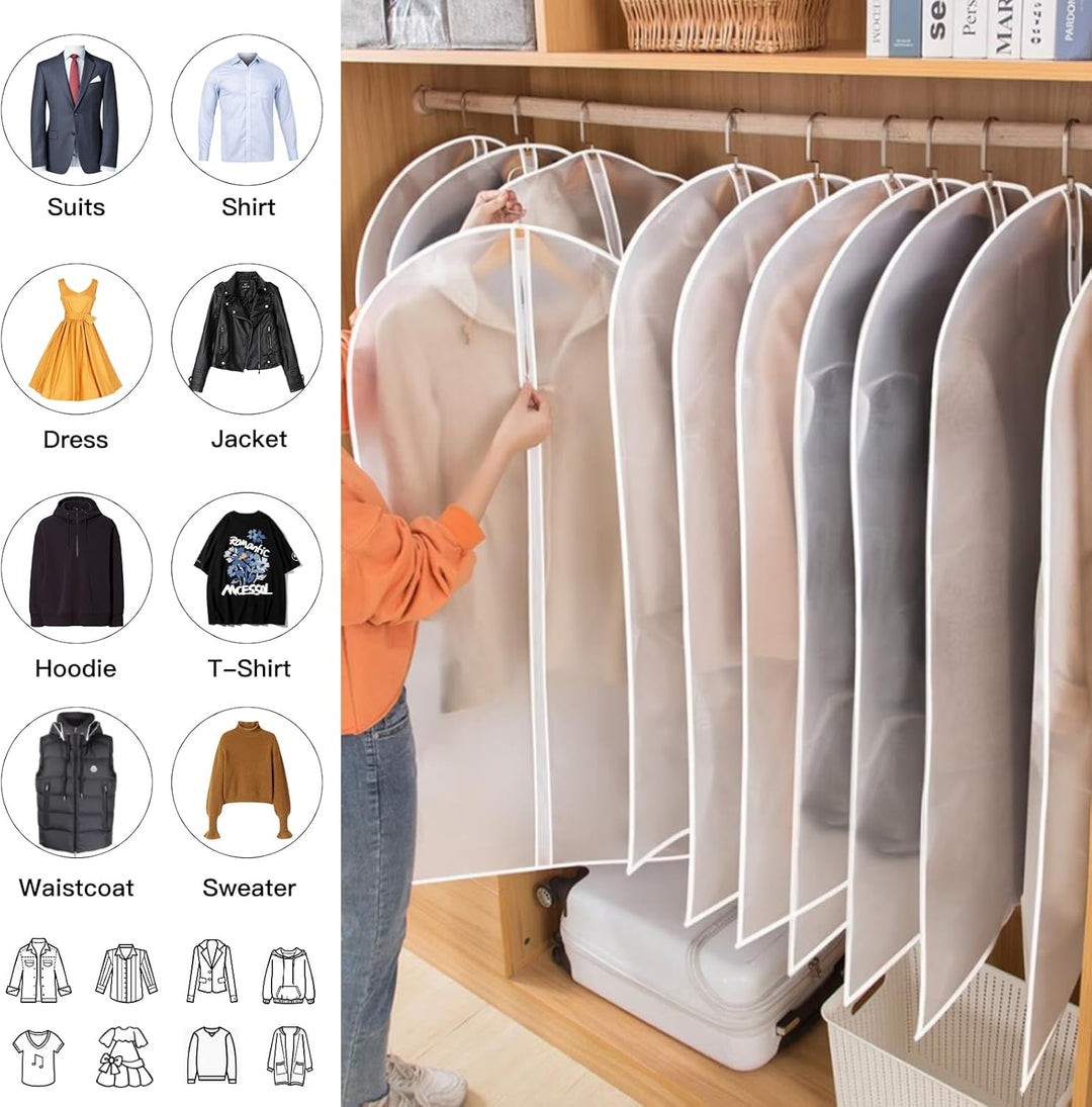 Assorted PEVA garment covers for all clothing types, a 24-piece set for perfect closet organization.