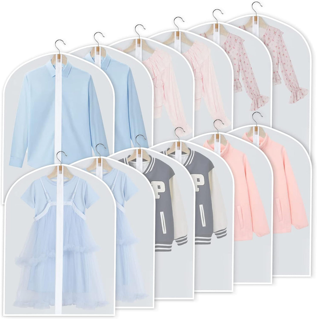 Front view of a translucent PEVA garment cover, showing its protective quality. From a 24-pack set.