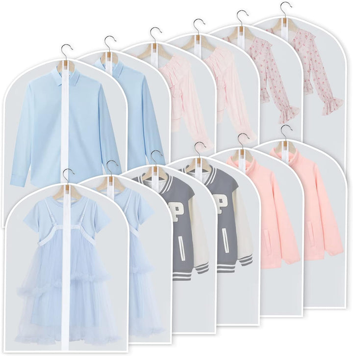 Front view of a translucent PEVA garment cover, showing its protective quality. From a 24-pack set.
