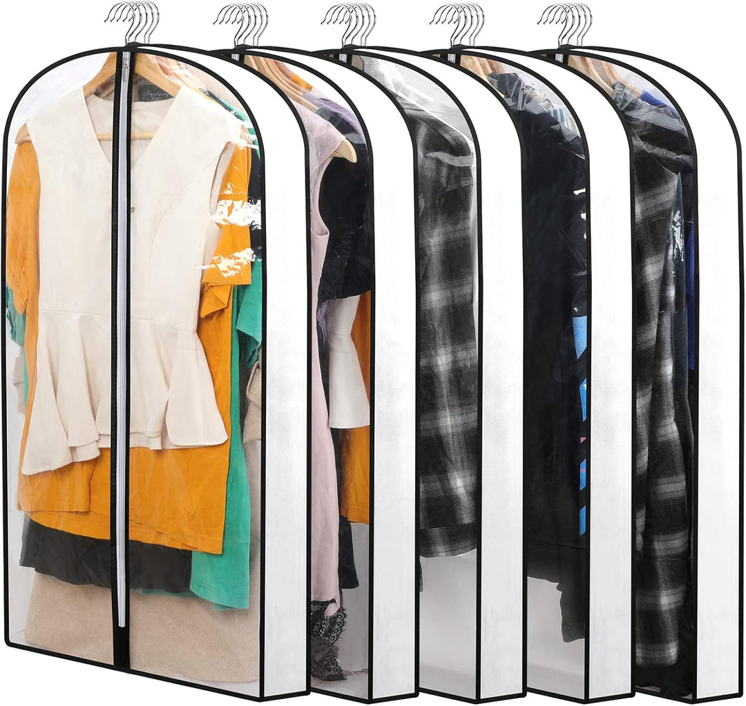 Zippered PEVA garment protectors in 3 sizes. Perfect for hanging wardrobe storage & dust prevention.