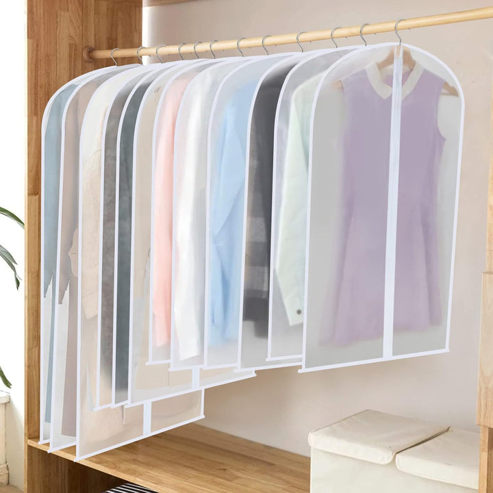 Full view of the 24-pack PEVA clothes protector set for organized closet storage. Essential garment covers.