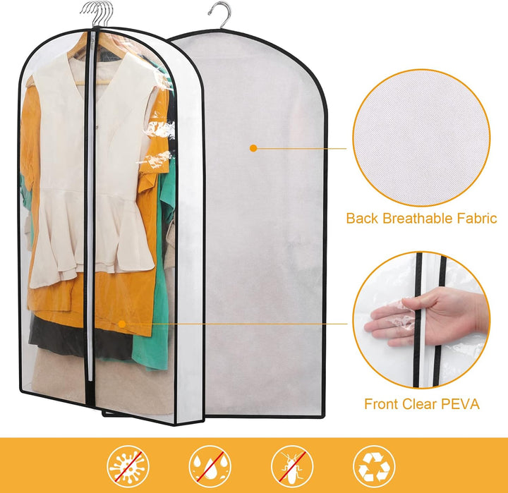 Long PEVA dress bag protecting a gown, part of a 24-pack for wardrobe organization. Prevents dust.