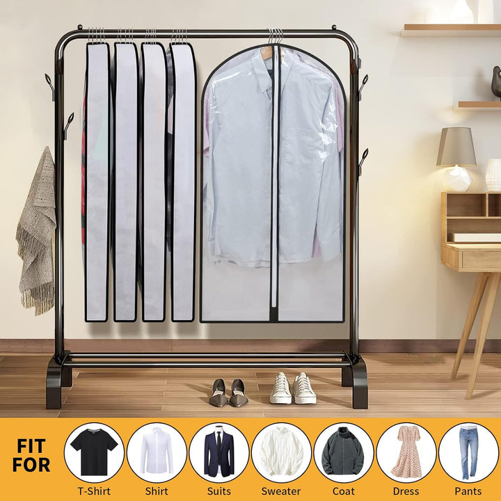 Wardrobe organized with 24-pack PEVA garment bags for dresses, suits & coats. Maximizes storage.