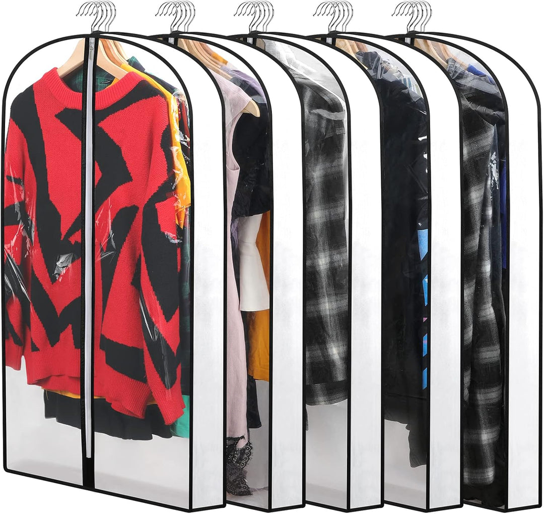 Clear PEVA garment covers for hanging clothes, offering dust protection. Essential for closet organization.