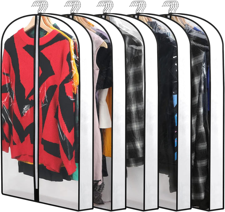 Clear PEVA garment covers for hanging clothes, offering dust protection. Essential for closet organization.