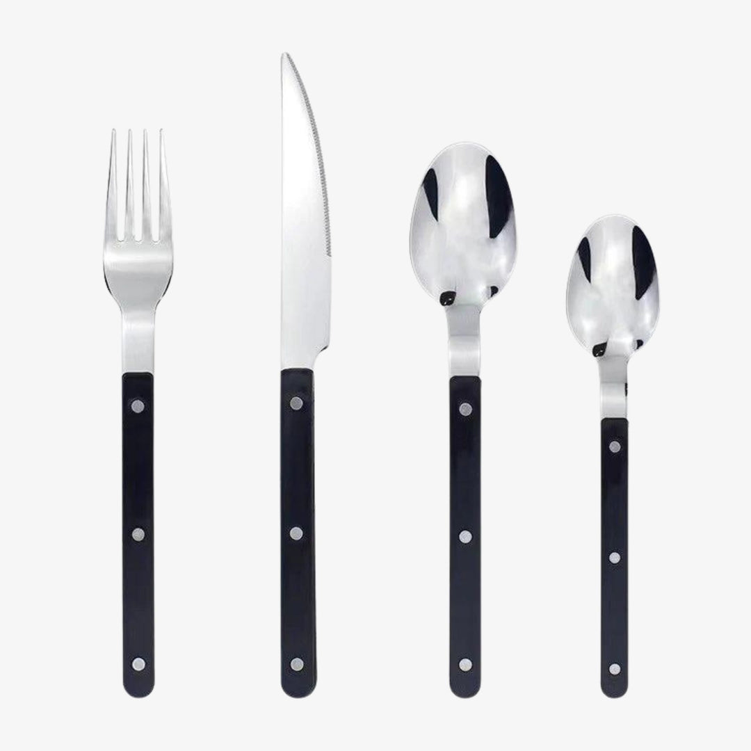 24-piece stainless steel flatware set for dining. Modern, elegant cutlery for kitchen tableware.