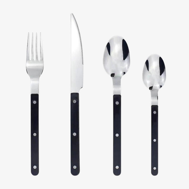24-piece stainless steel flatware set for dining. Modern, elegant cutlery for kitchen tableware.
