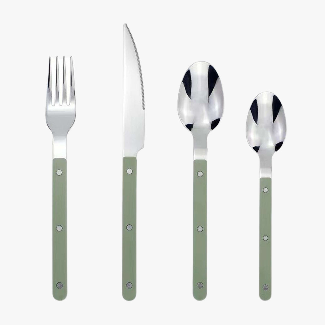 Western-style 24-piece stainless steel dinnerware set; essential modern flatware for any kitchen.