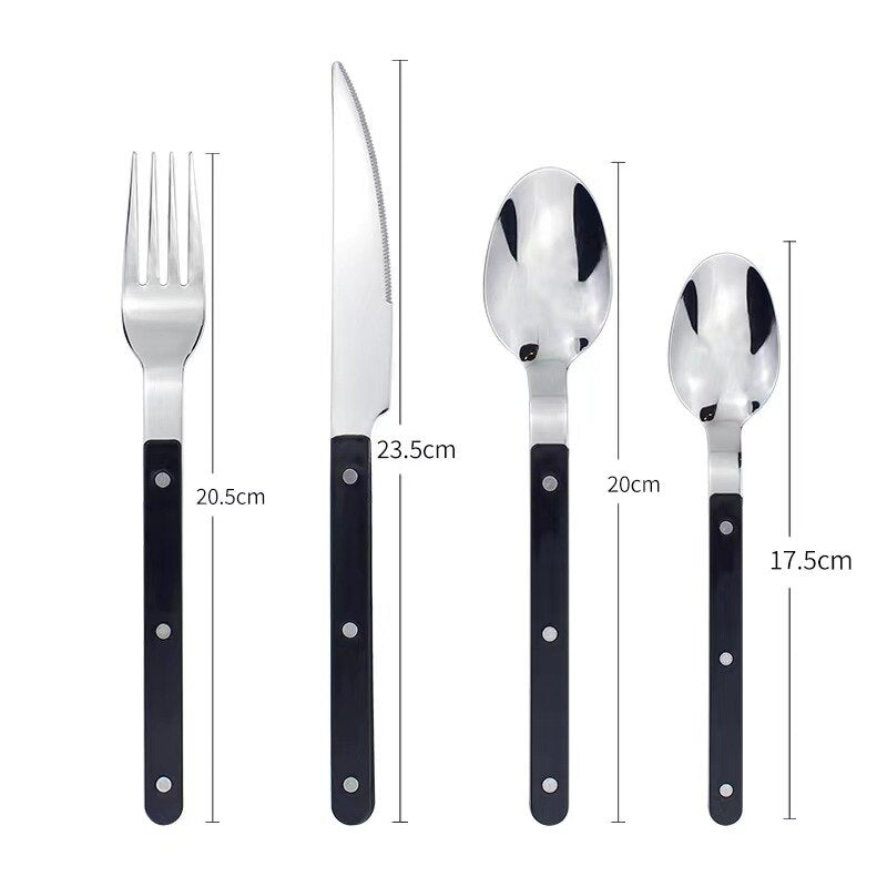 Detailed view of the handles on the elegant 24-piece stainless steel flatware set.