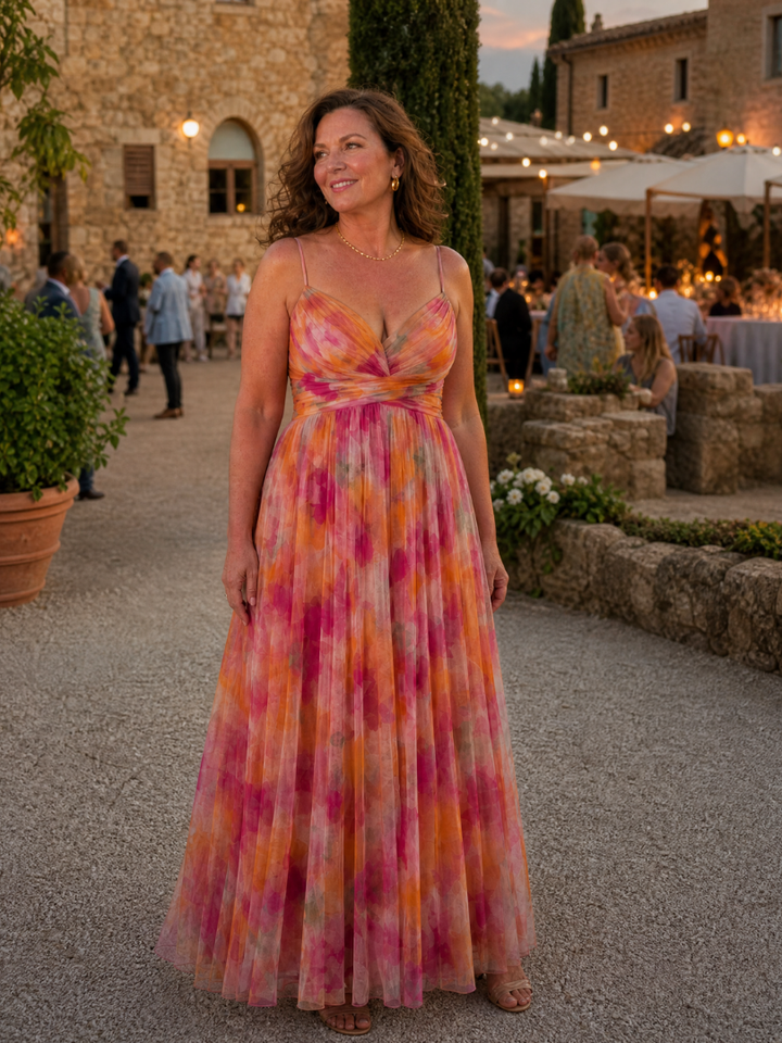 Stylish women's wrap maxi dress, sleeveless, soft, flowy, vibrant for chic summer fashion.