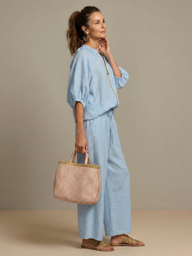 Stylish women's matching set: zip front blouse with long sleeves & wide-leg pants. Perfect for everyday chic.