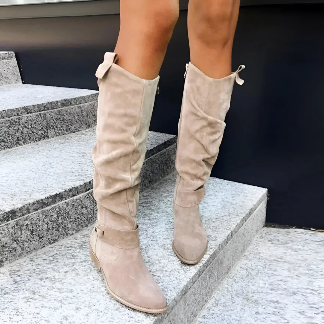 Sophisticated women's knee-high boots with a sturdy block heel & elegant strap detail for winter.