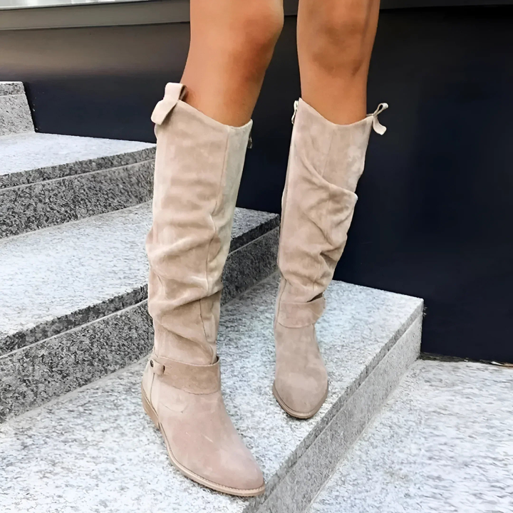 Sophisticated women's knee-high boots with a sturdy block heel & elegant strap detail for winter.
