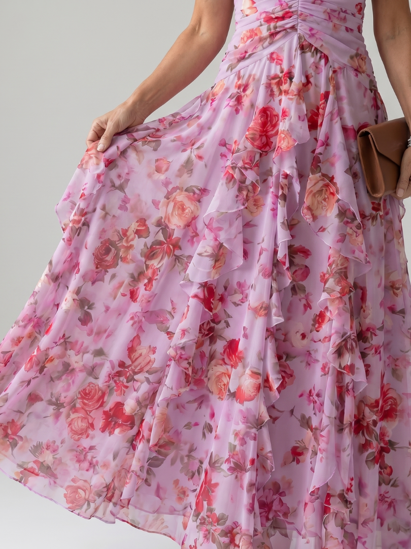 Sleeveless women's halter neck floral maxi dress, ruched bodice, elegant summer party dress with a ruffle skirt. [[lstfy-media:3]]