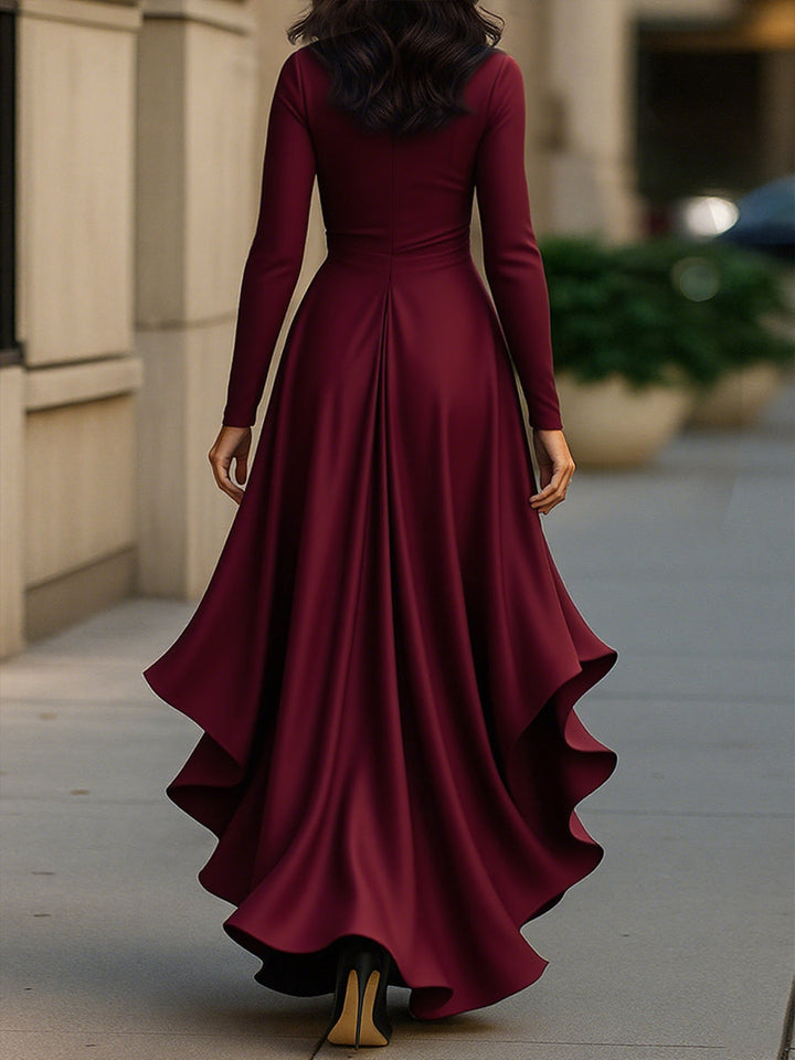 Pleated ruffle maxi dress for women, long sleeve V-neck. Elegant formal occasion wear.